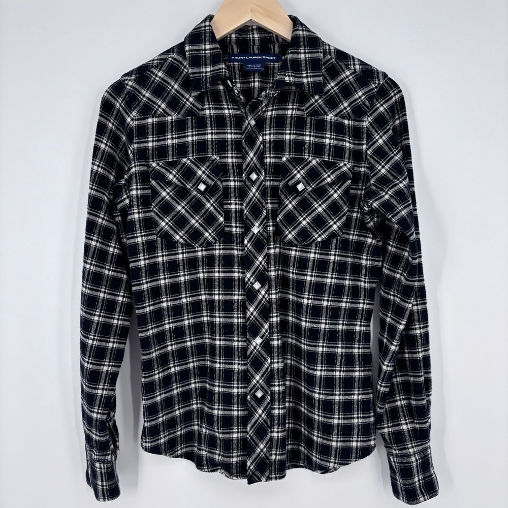 Ralph Lauren Sport Diamond Pearl Snap Flannel Western Shirt Womens 8 Black Plaid